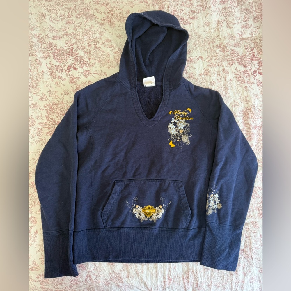 Harley-Davidson Navy Hoodie with Floral Detailing